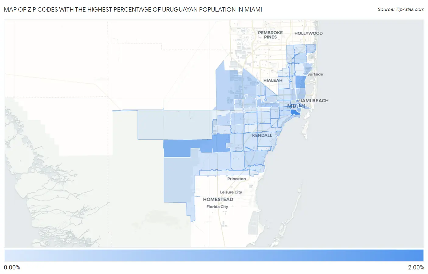Zip Codes with the Highest Percentage of Uruguayan Population in Miami Map
