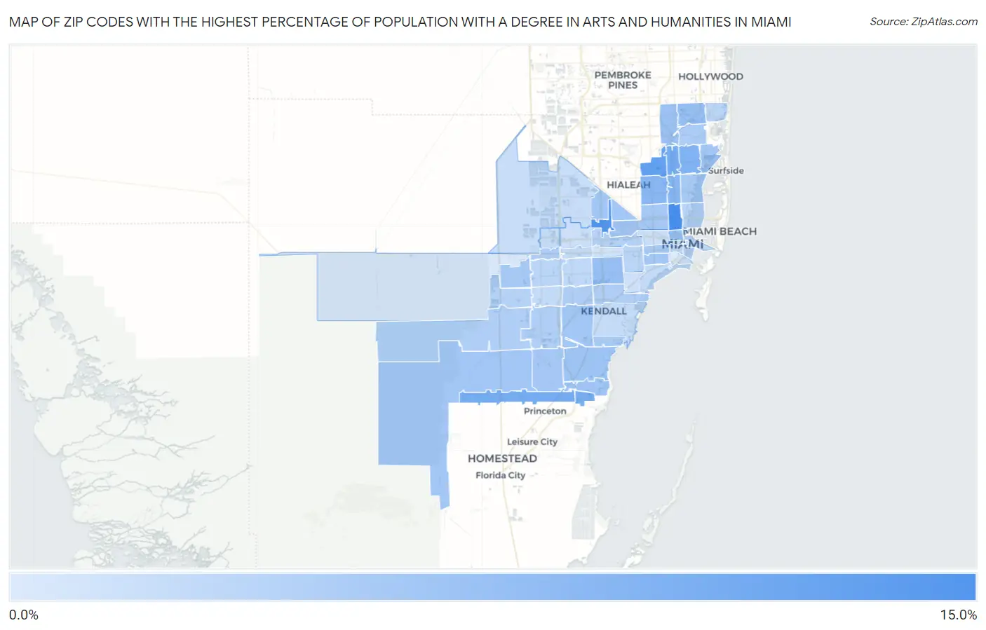 Zip Codes with the Highest Percentage of Population with a Degree in Arts and Humanities in Miami Map