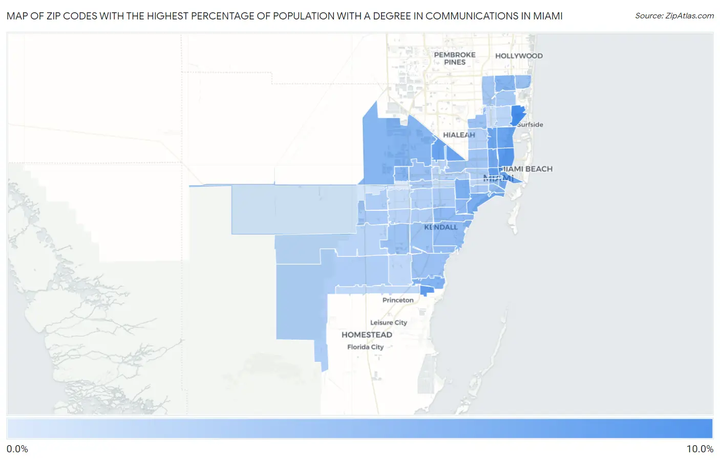 Zip Codes with the Highest Percentage of Population with a Degree in Communications in Miami Map