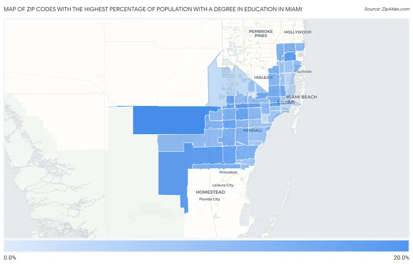 Zip Codes with the Highest Percentage of Population with a Degree in Education in Miami Map
