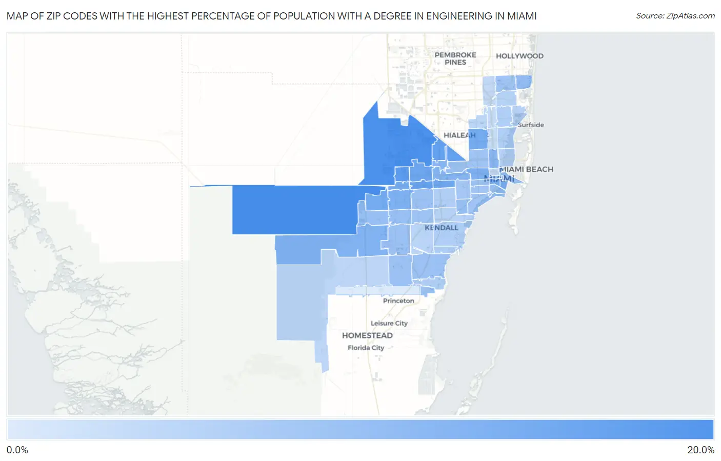 Zip Codes with the Highest Percentage of Population with a Degree in Engineering in Miami Map