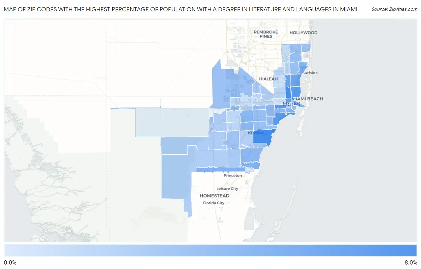 Zip Codes with the Highest Percentage of Population with a Degree in Literature and Languages in Miami Map