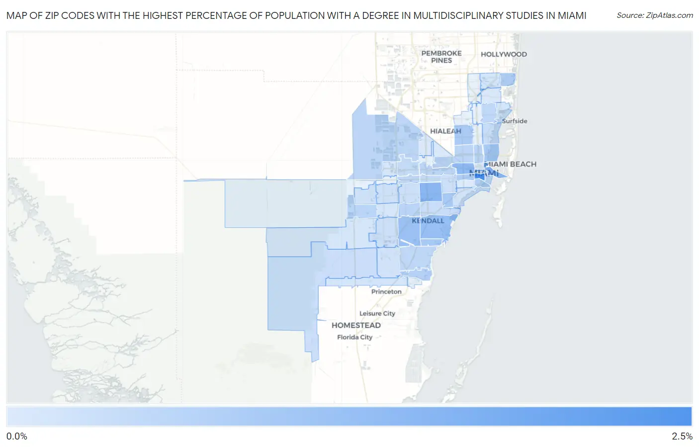 Zip Codes with the Highest Percentage of Population with a Degree in Multidisciplinary Studies in Miami Map