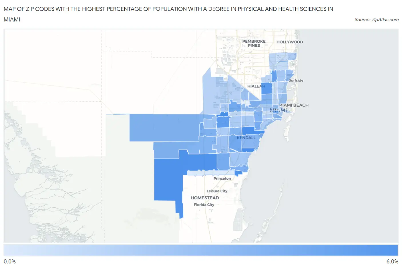 Zip Codes with the Highest Percentage of Population with a Degree in Physical and Health Sciences in Miami Map