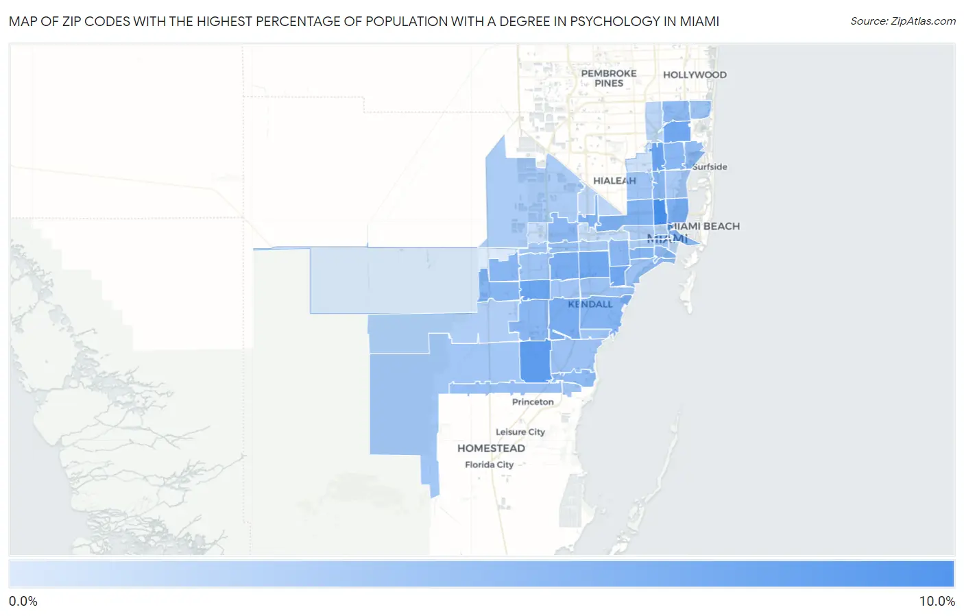 Zip Codes with the Highest Percentage of Population with a Degree in Psychology in Miami Map
