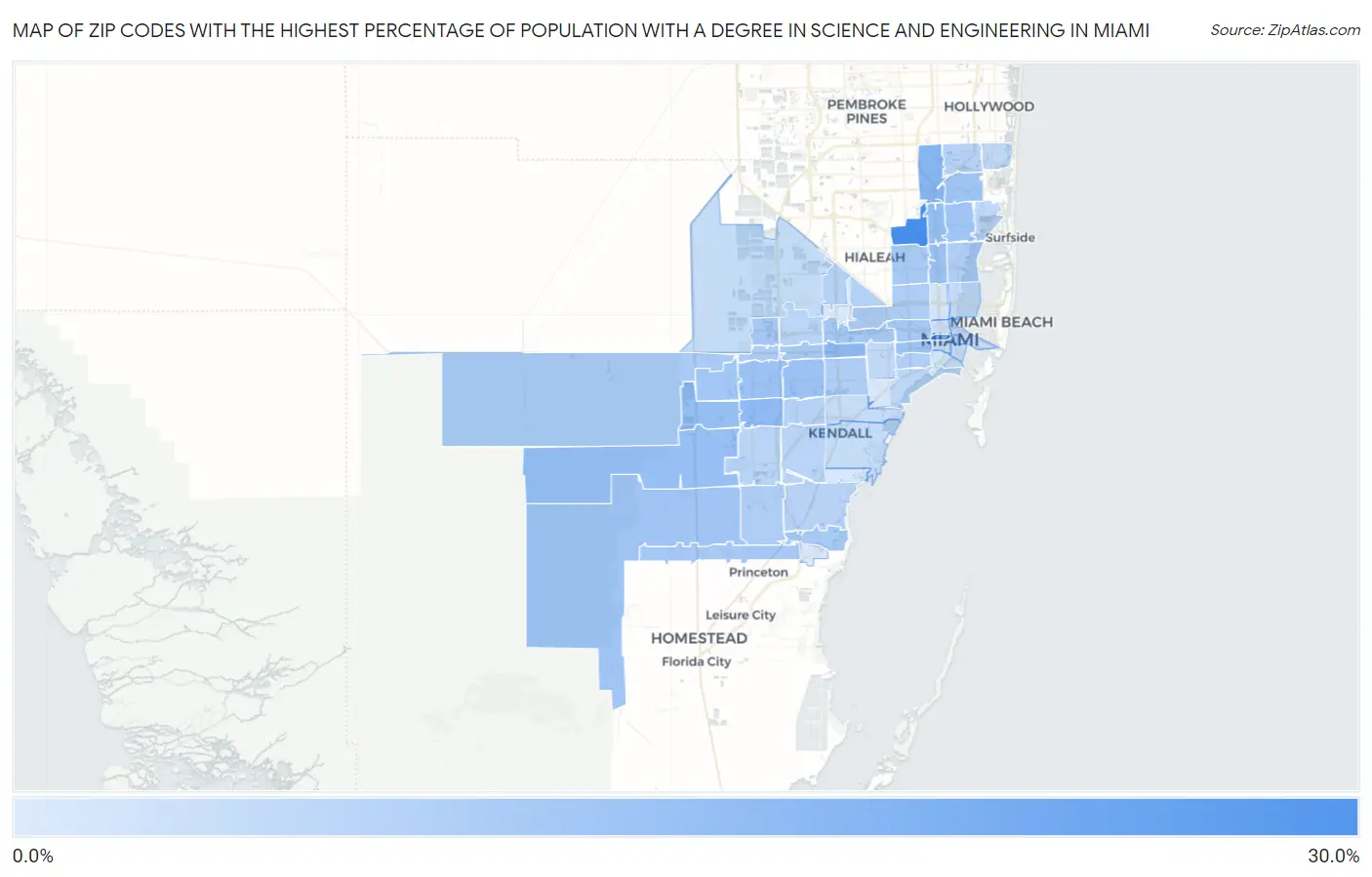 Zip Codes with the Highest Percentage of Population with a Degree in Science and Engineering in Miami Map