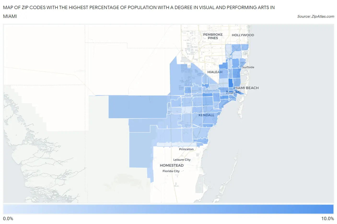 Zip Codes with the Highest Percentage of Population with a Degree in Visual and Performing Arts in Miami Map