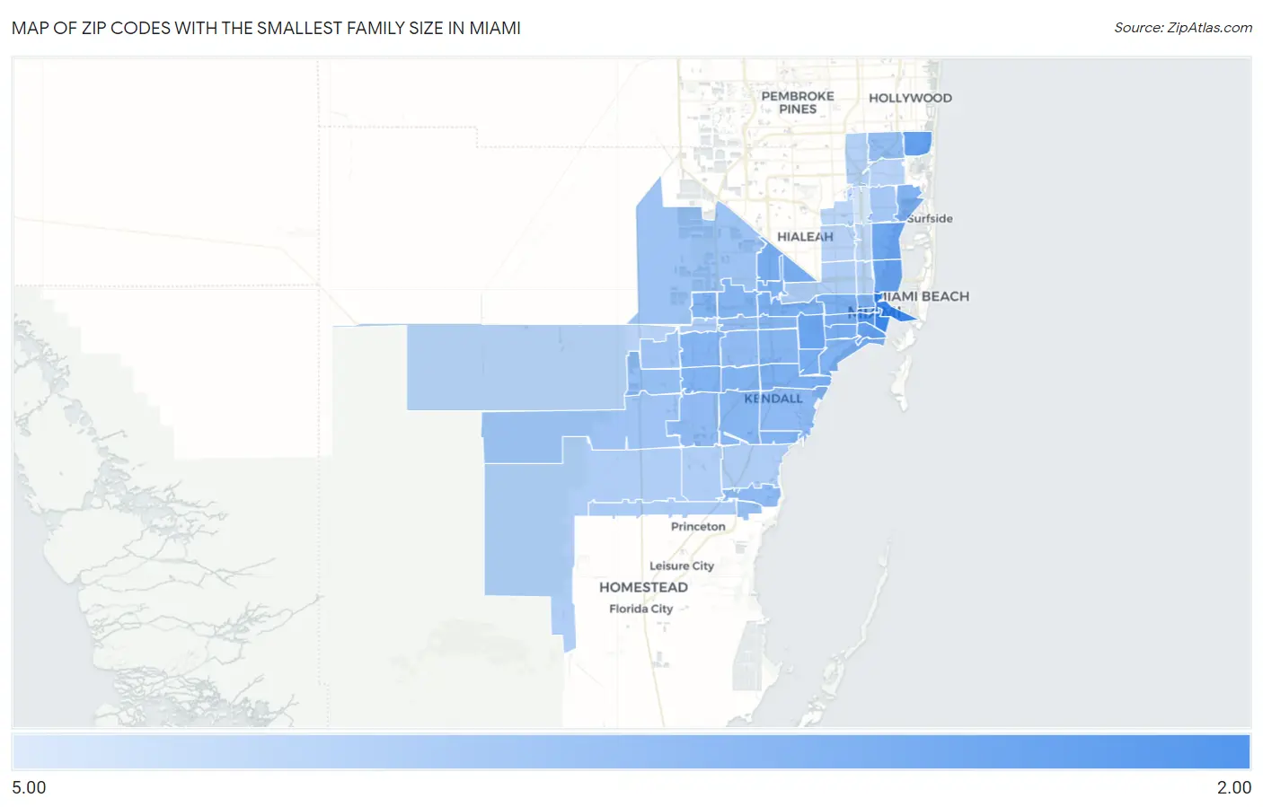 Zip Codes with the Smallest Family Size in Miami Map