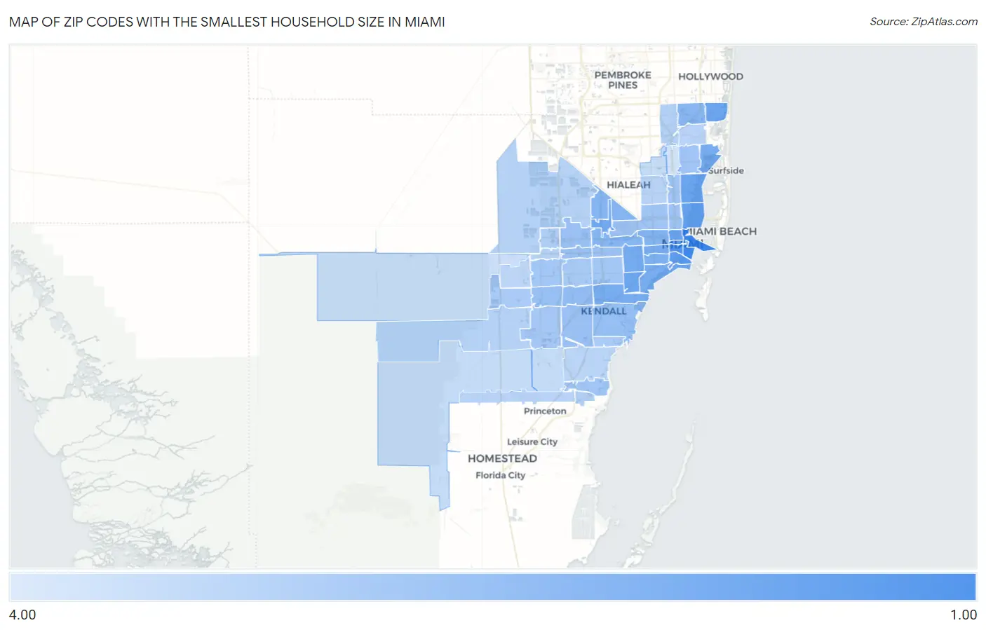 Zip Codes with the Smallest Household Size in Miami Map
