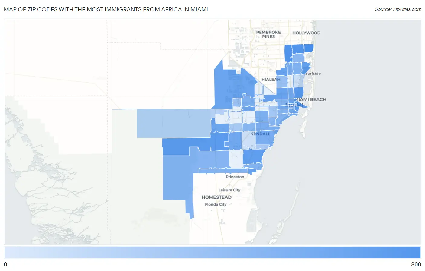 Zip Codes with the Most Immigrants from Africa in Miami Map