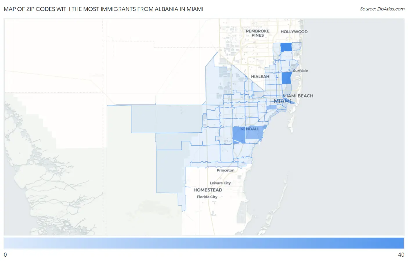 Zip Codes with the Most Immigrants from Albania in Miami Map