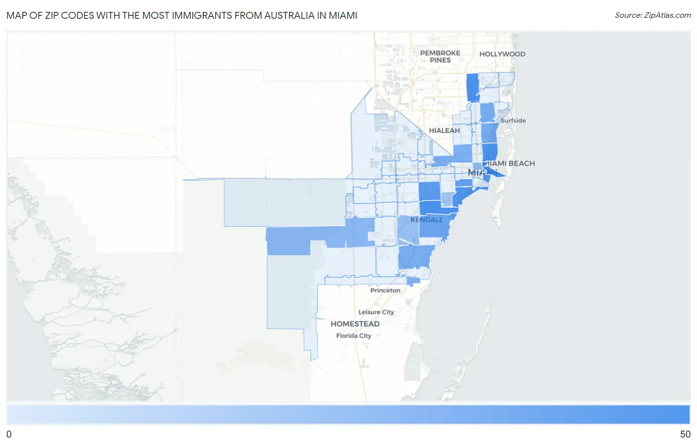 Zip Codes with the Most Immigrants from Australia in Miami Map