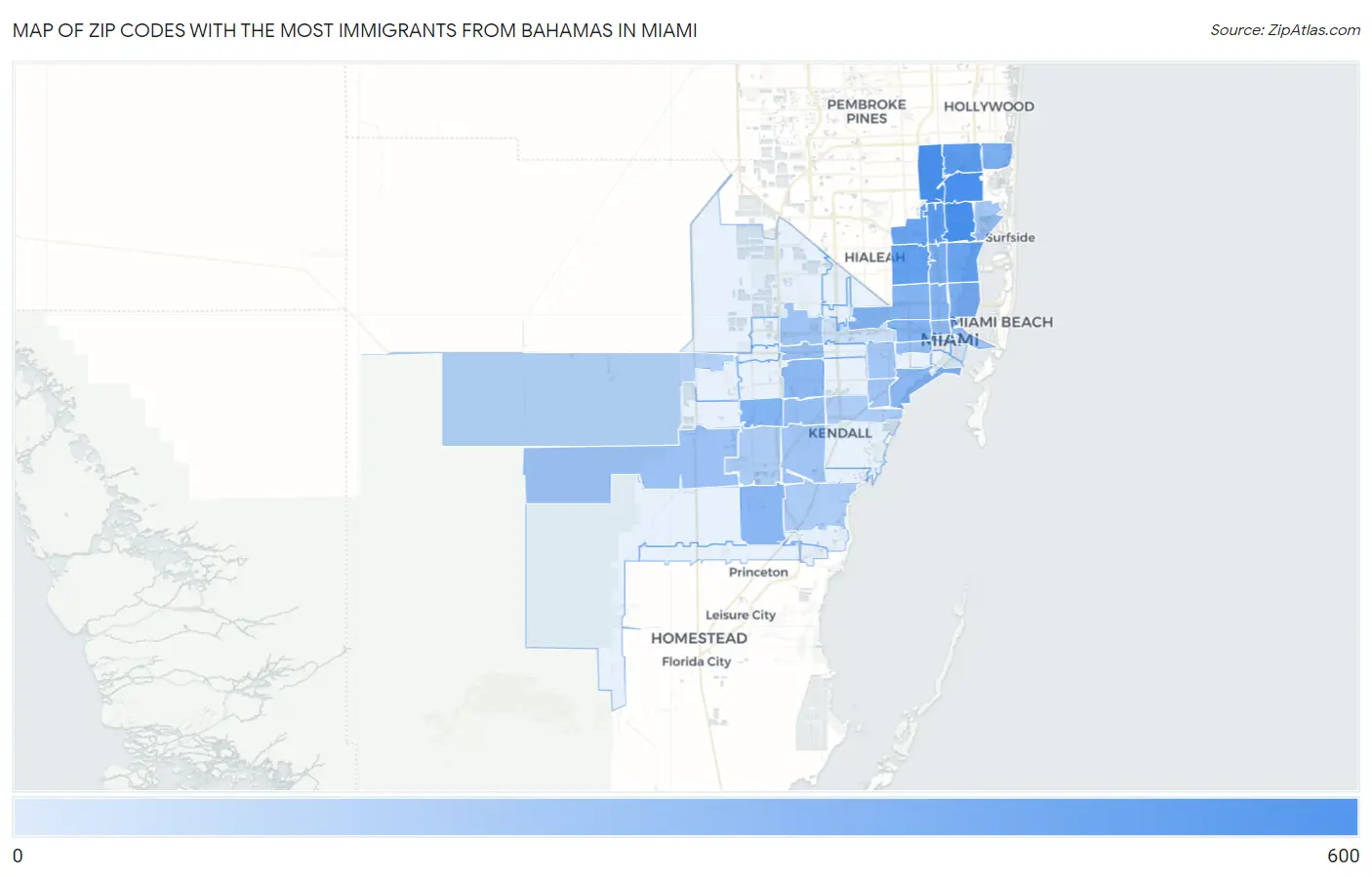 Zip Codes with the Most Immigrants from Bahamas in Miami Map