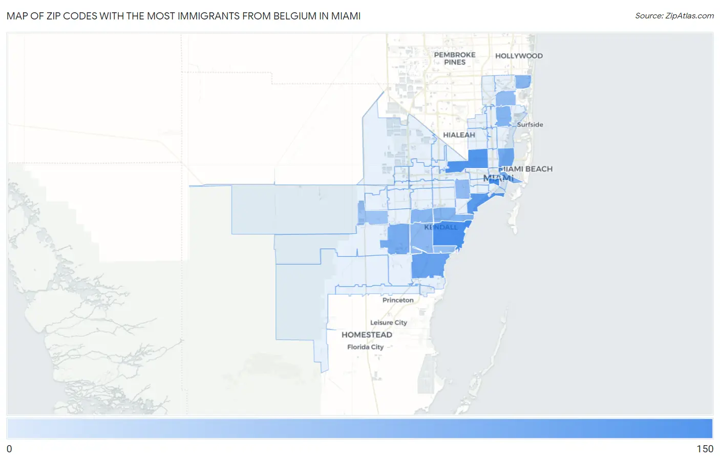 Zip Codes with the Most Immigrants from Belgium in Miami Map