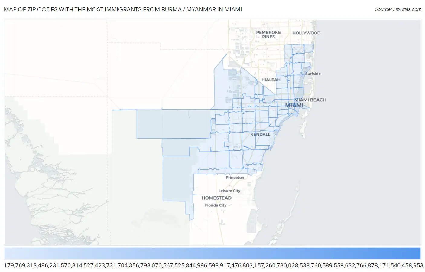 Zip Codes with the Most Immigrants from Burma / Myanmar in Miami Map