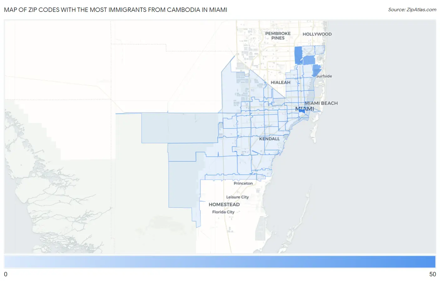 Zip Codes with the Most Immigrants from Cambodia in Miami Map