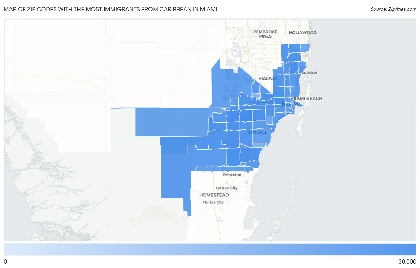 Zip Codes with the Most Immigrants from Caribbean in Miami Map