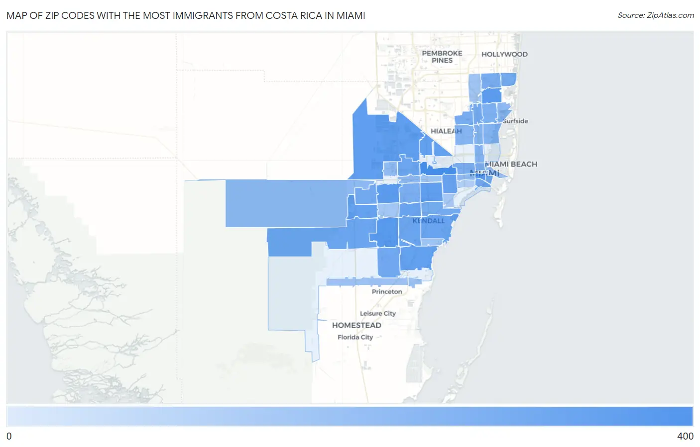 Zip Codes with the Most Immigrants from Costa Rica in Miami Map