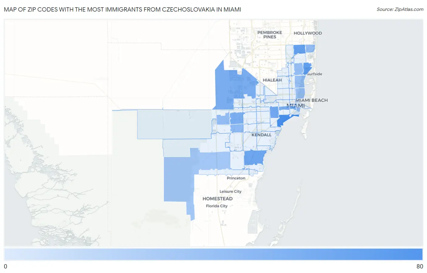 Zip Codes with the Most Immigrants from Czechoslovakia in Miami Map