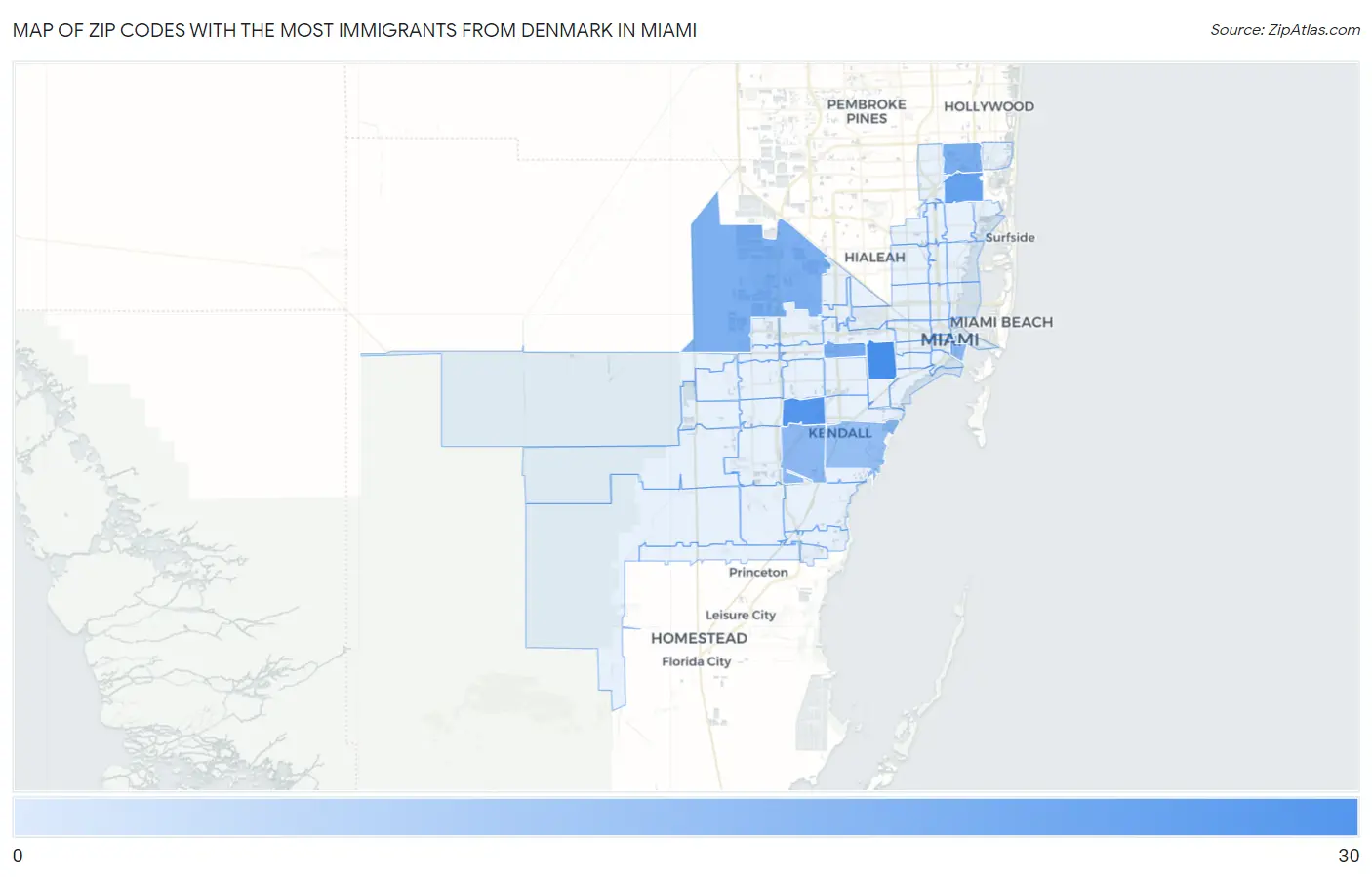 Zip Codes with the Most Immigrants from Denmark in Miami Map
