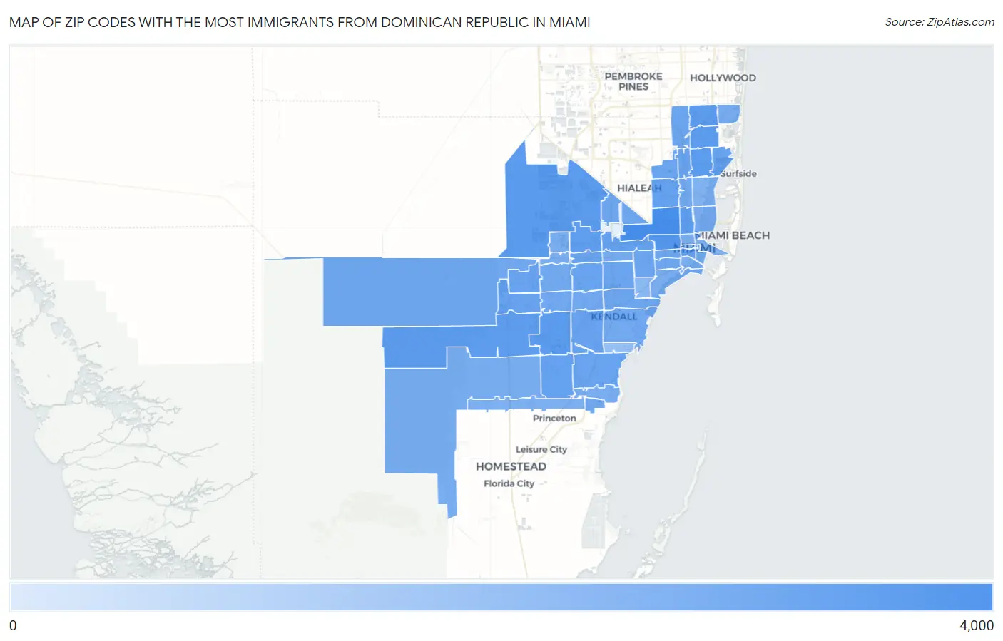Zip Codes with the Most Immigrants from Dominican Republic in Miami Map