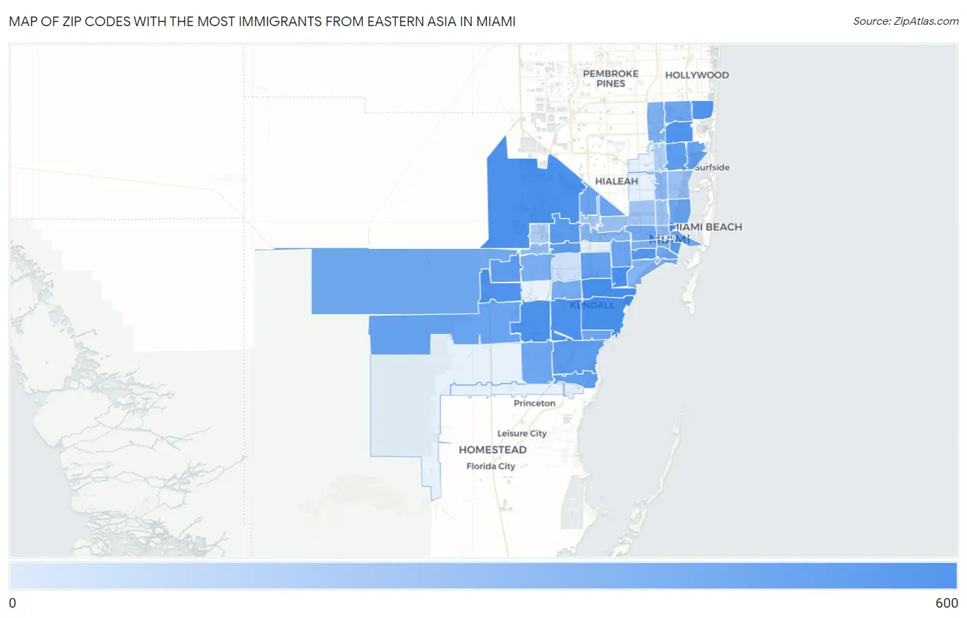 Zip Codes with the Most Immigrants from Eastern Asia in Miami Map