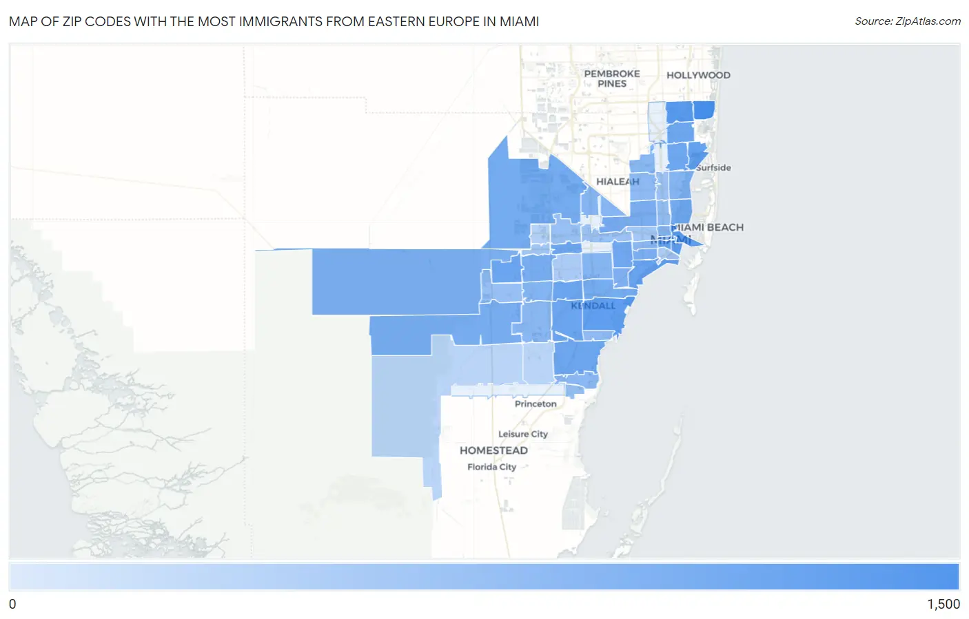 Zip Codes with the Most Immigrants from Eastern Europe in Miami Map