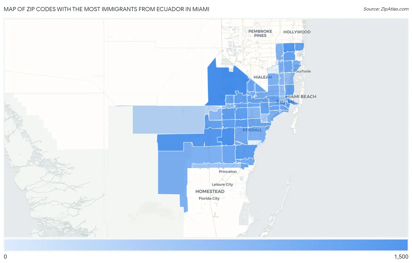 Zip Codes with the Most Immigrants from Ecuador in Miami Map