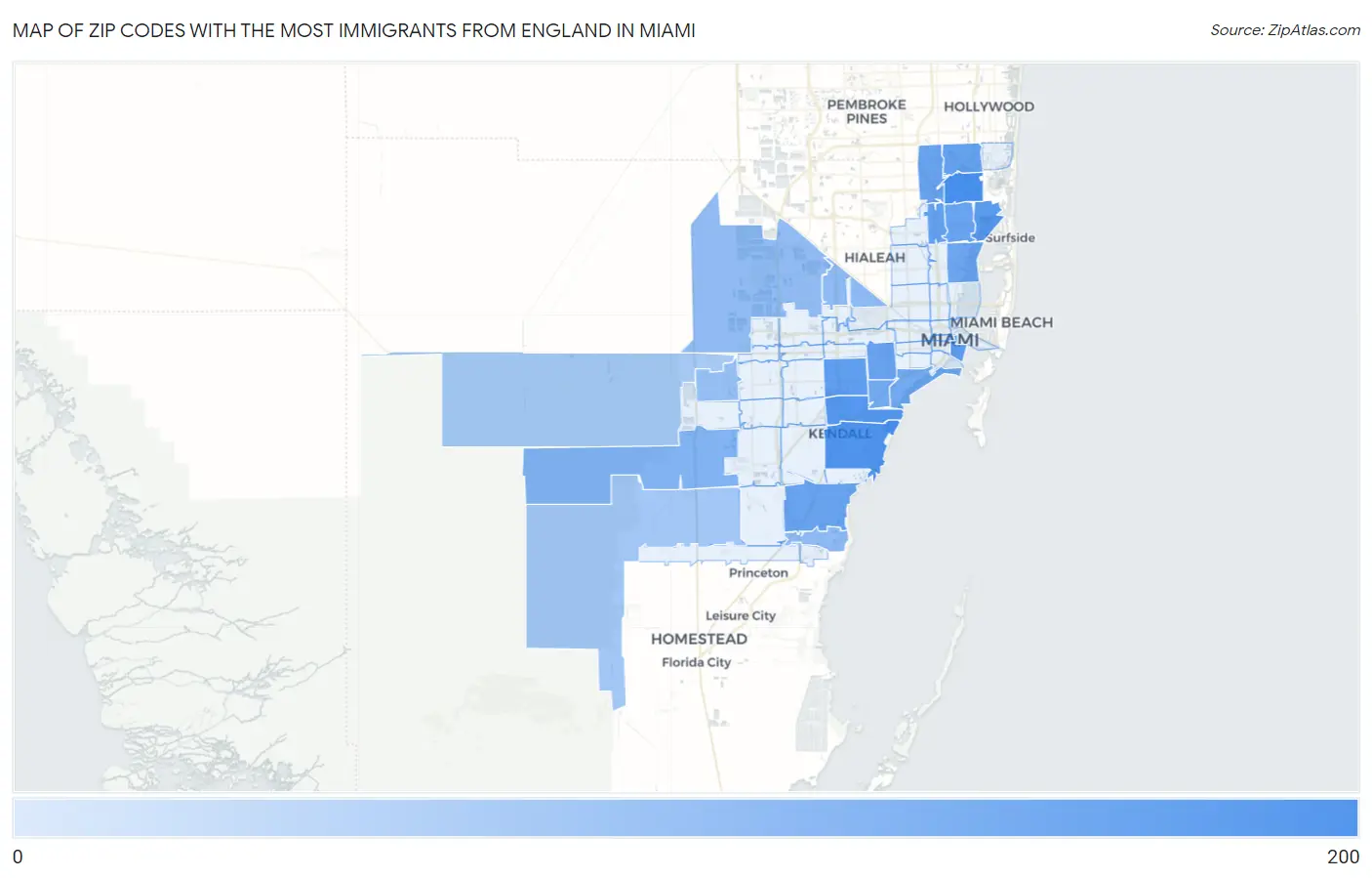 Zip Codes with the Most Immigrants from England in Miami Map