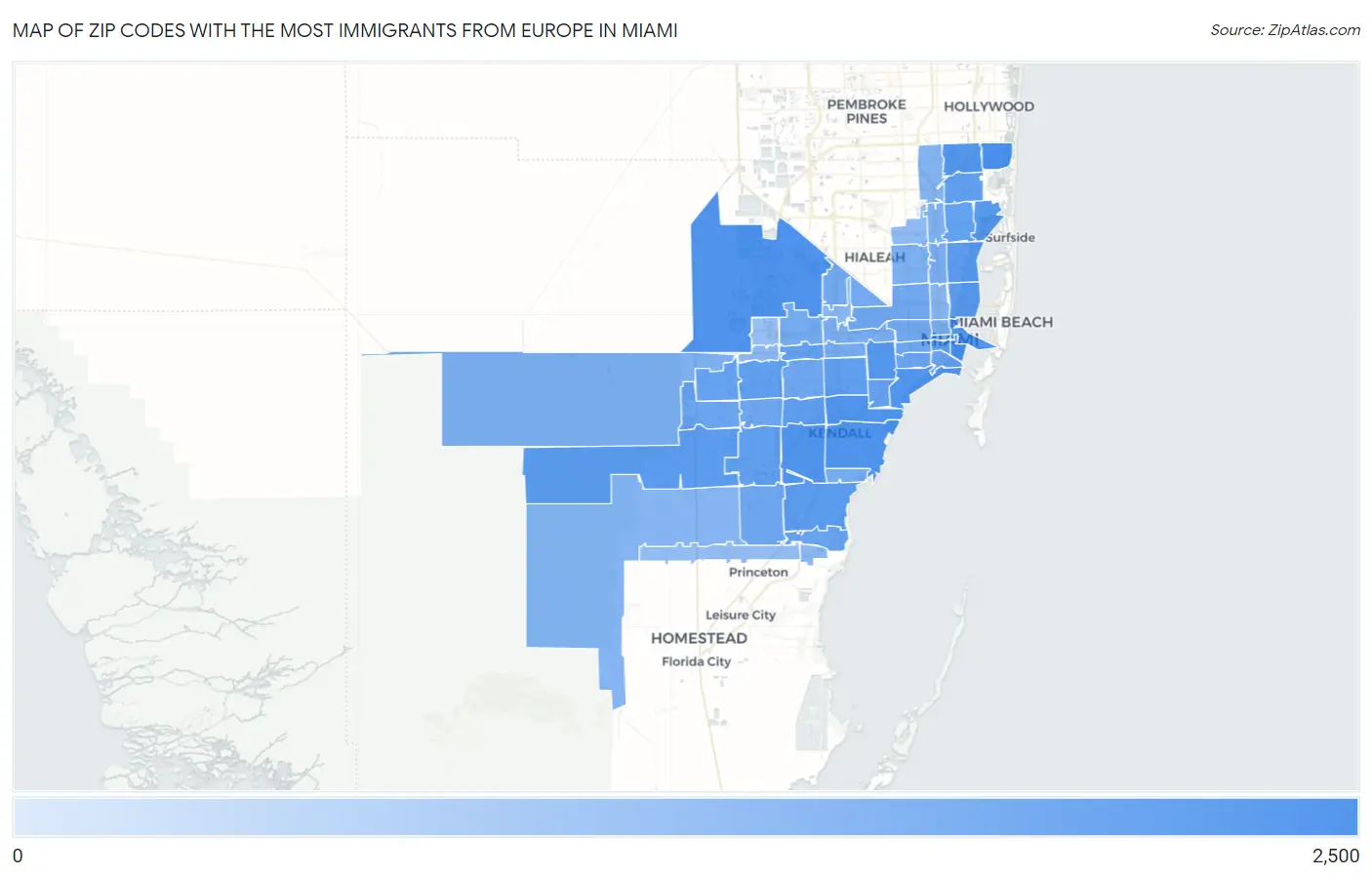 Zip Codes with the Most Immigrants from Europe in Miami Map