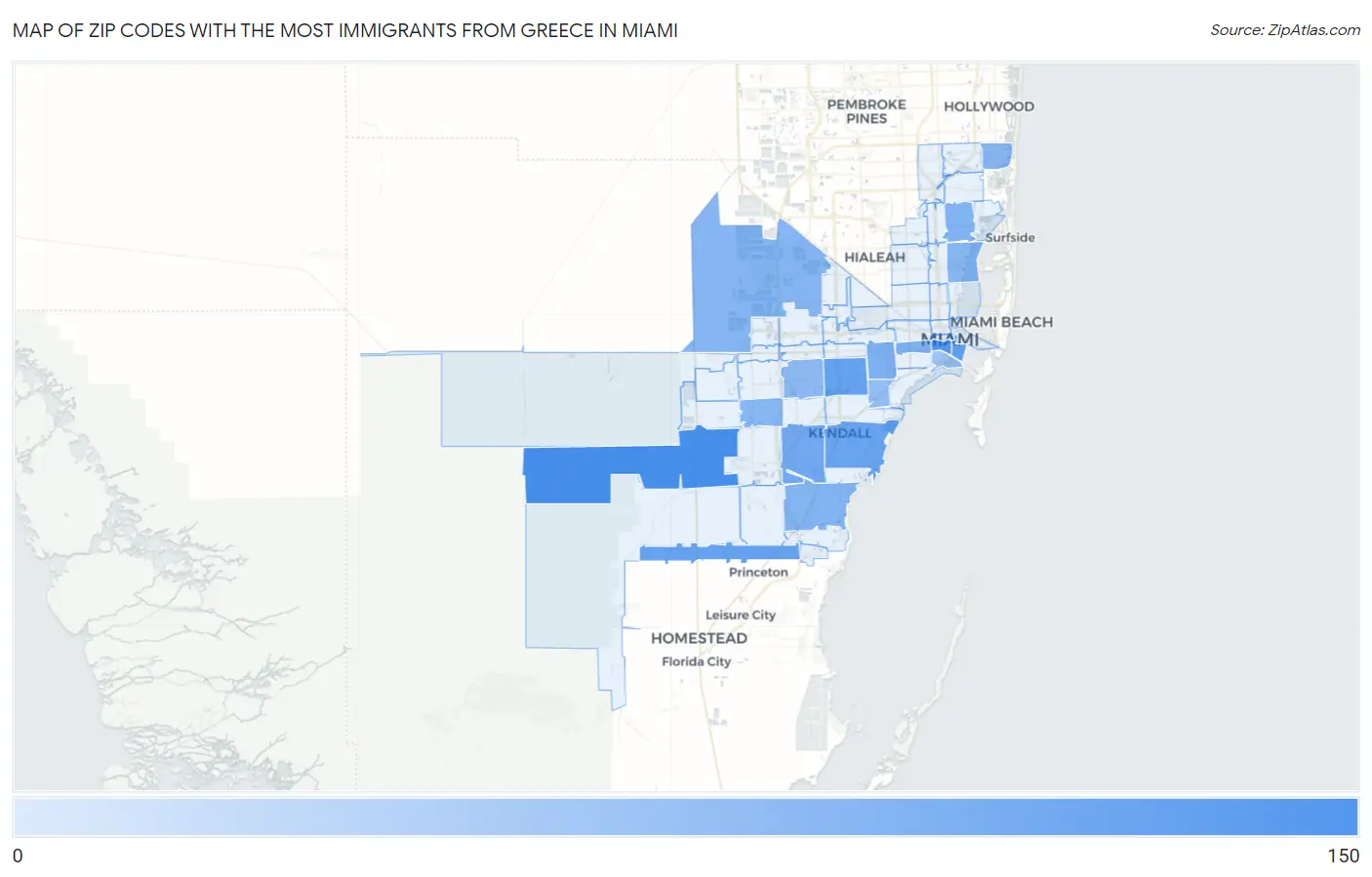 Zip Codes with the Most Immigrants from Greece in Miami Map