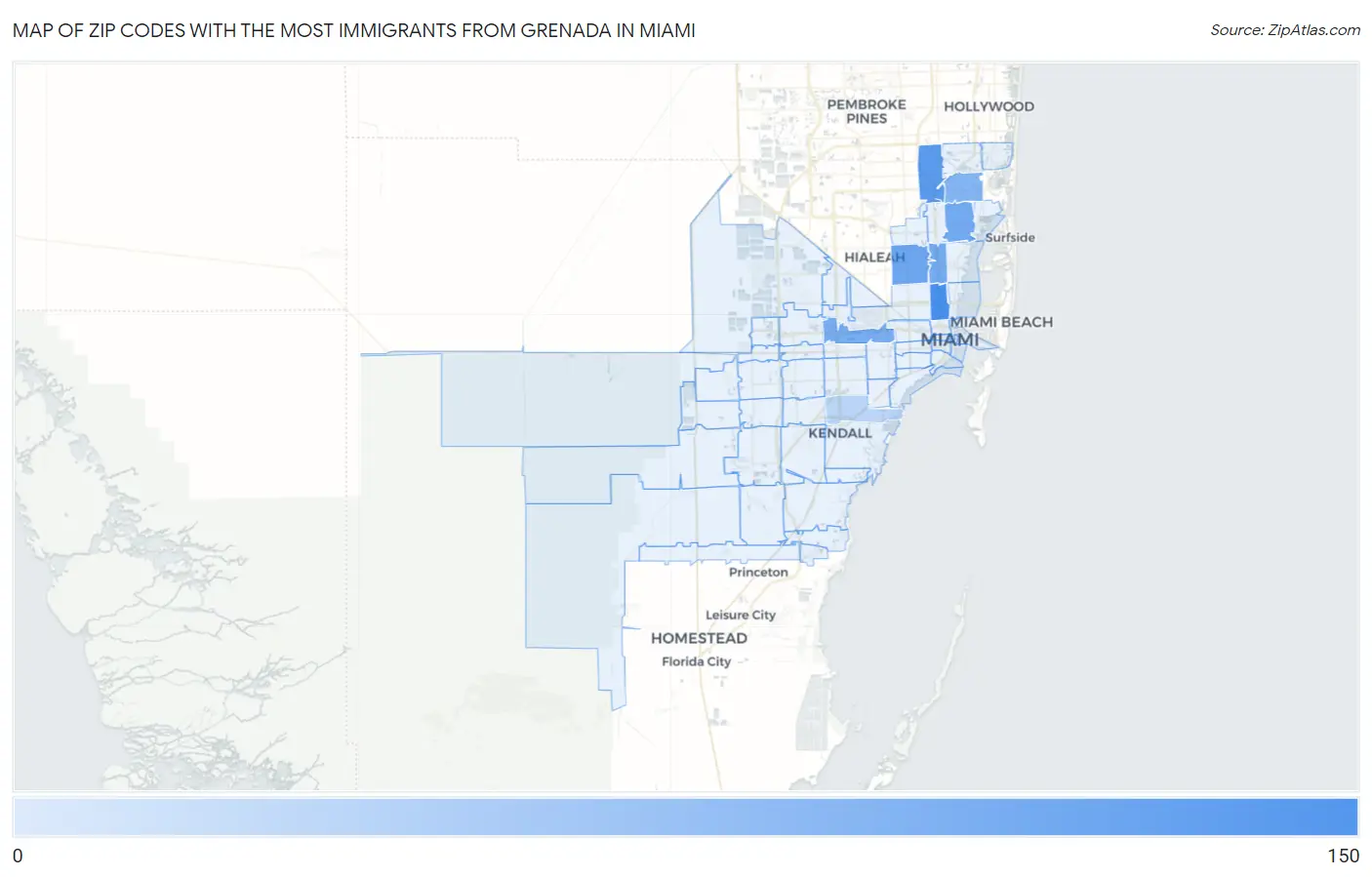 Zip Codes with the Most Immigrants from Grenada in Miami Map