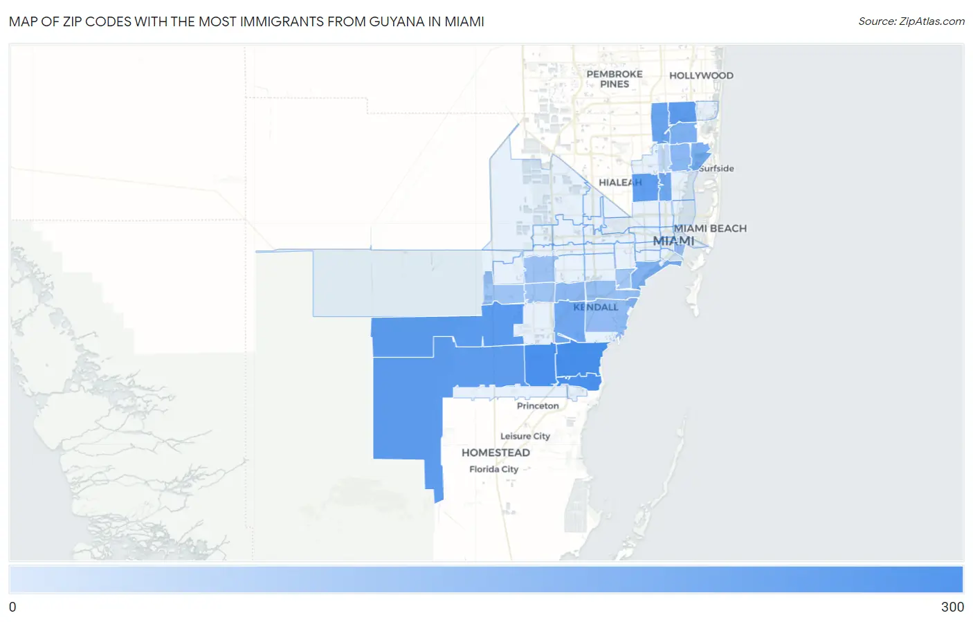 Zip Codes with the Most Immigrants from Guyana in Miami Map