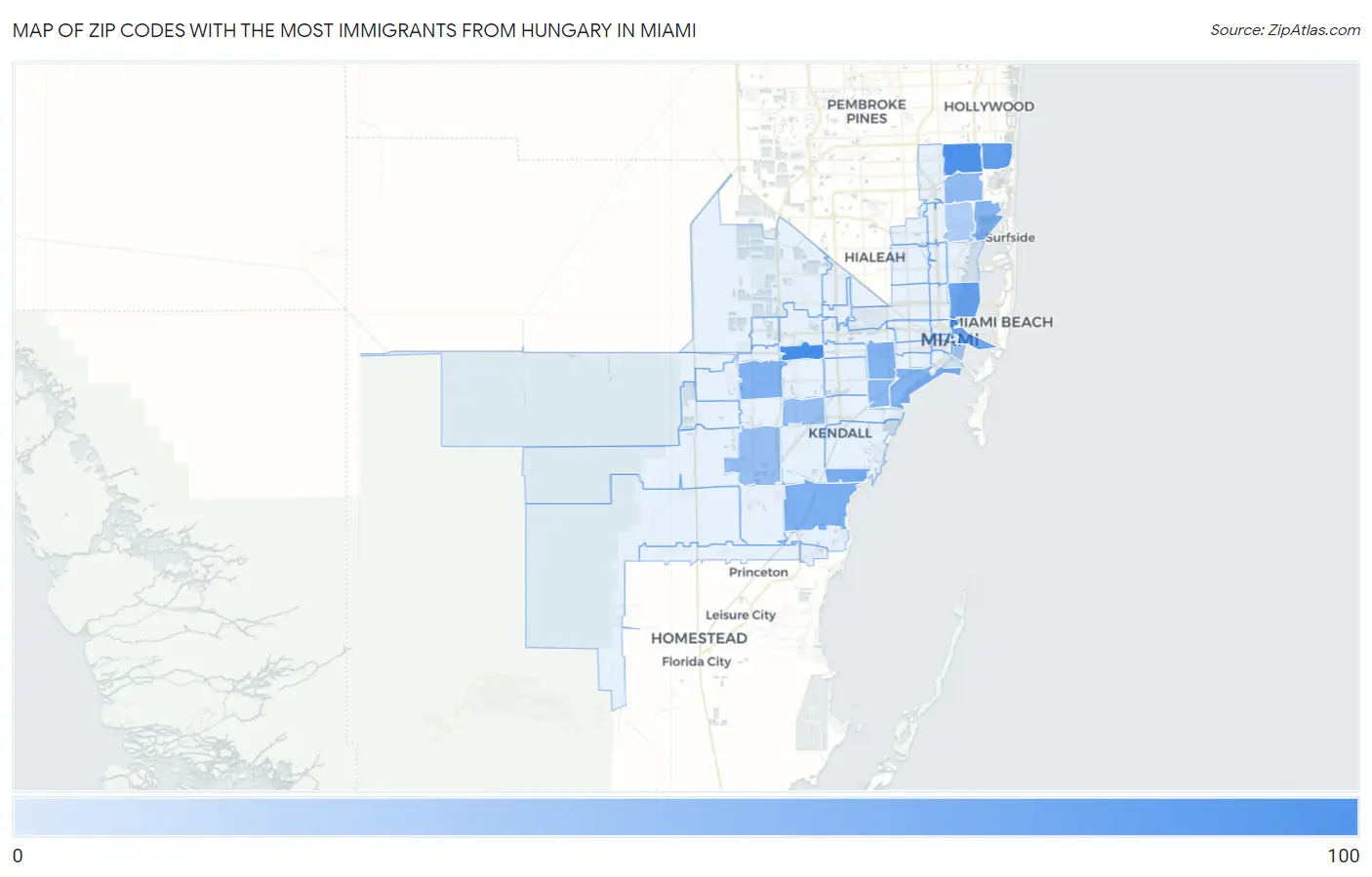 Zip Codes with the Most Immigrants from Hungary in Miami Map