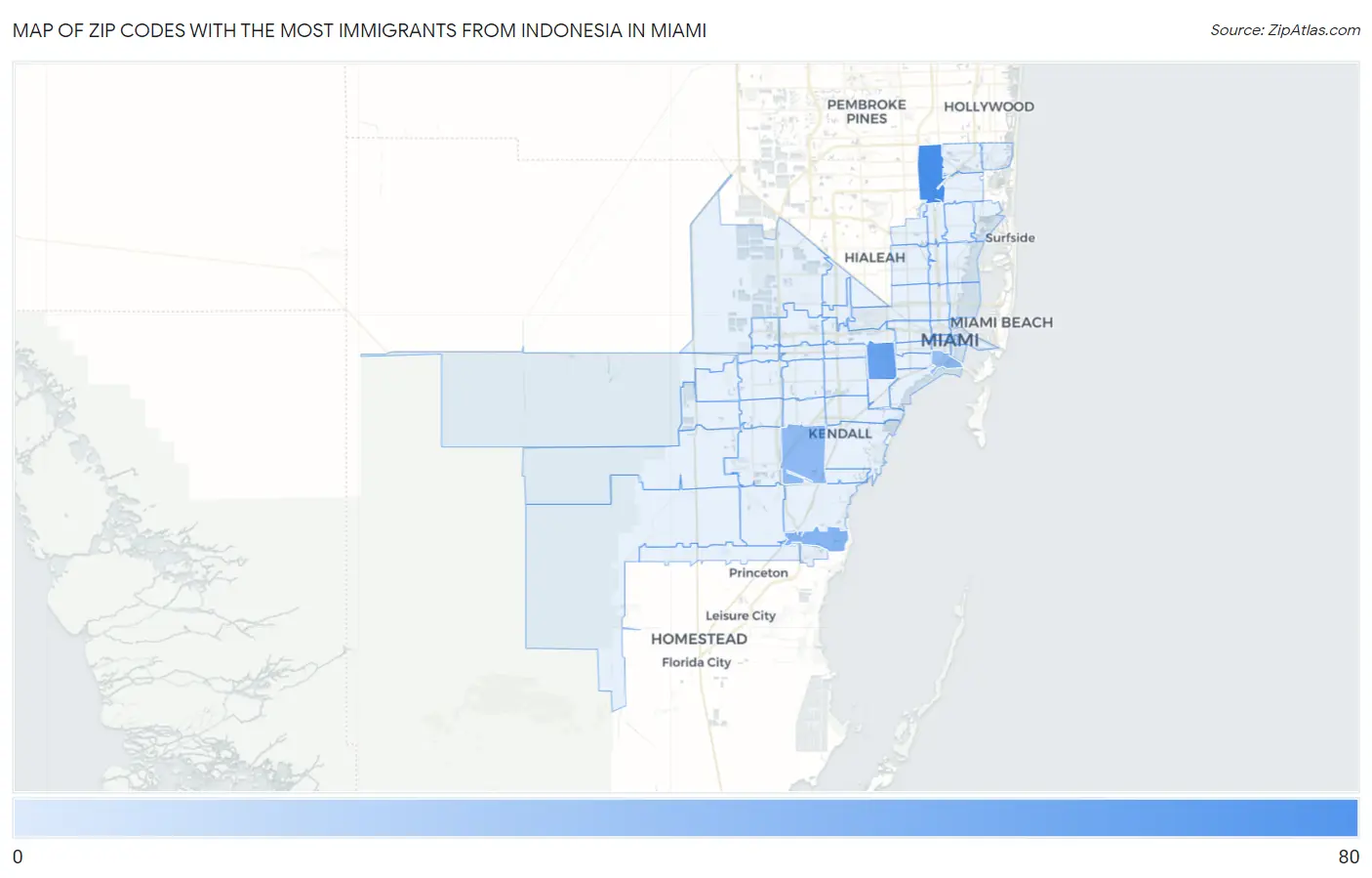 Zip Codes with the Most Immigrants from Indonesia in Miami Map