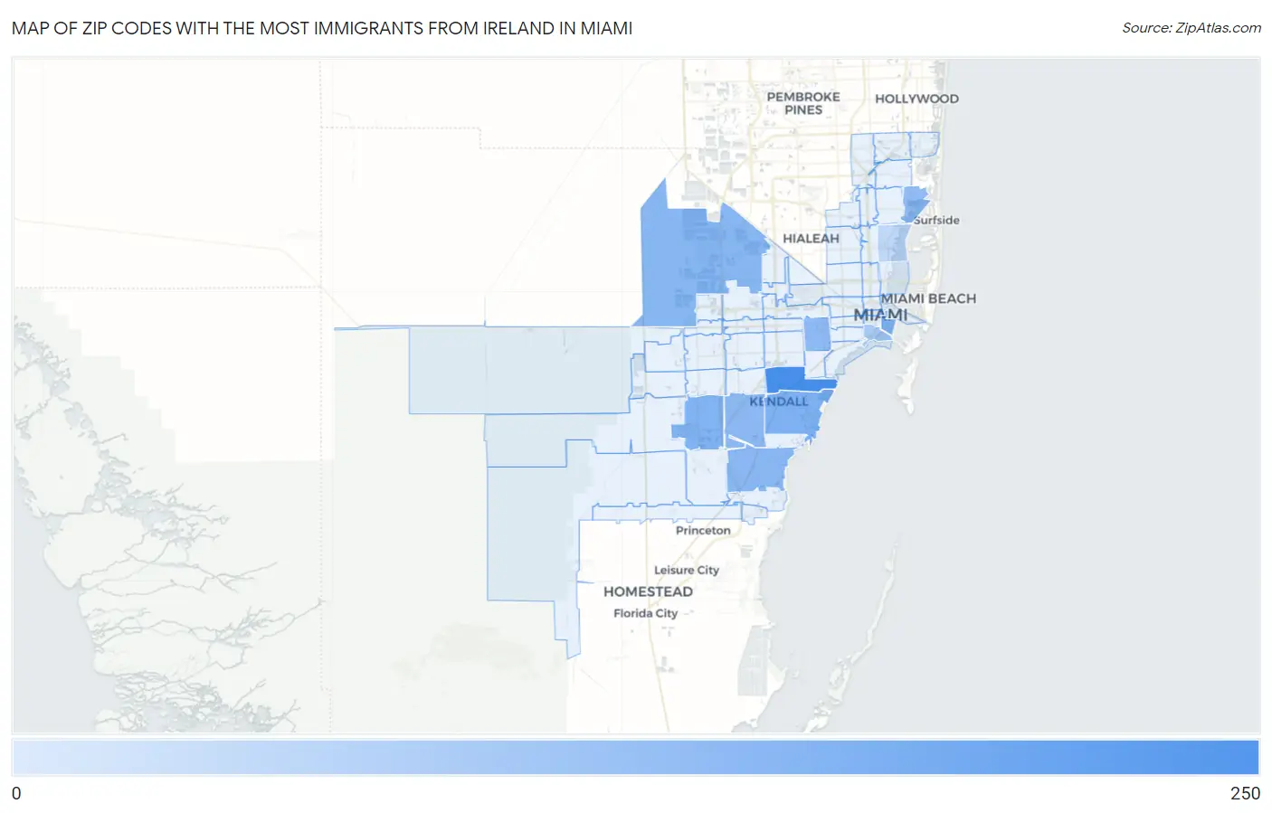 Zip Codes with the Most Immigrants from Ireland in Miami Map