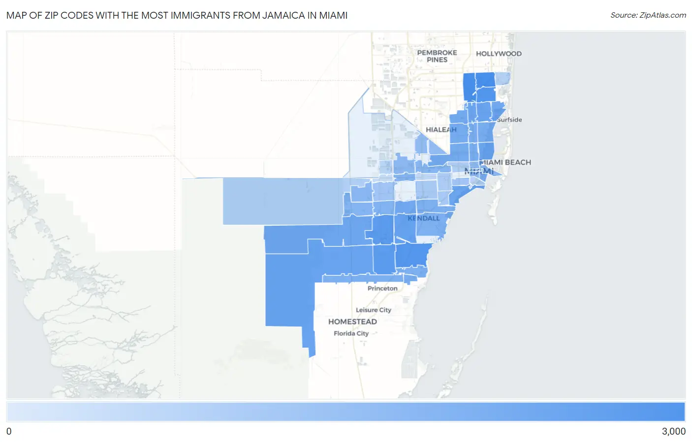 Zip Codes with the Most Immigrants from Jamaica in Miami Map
