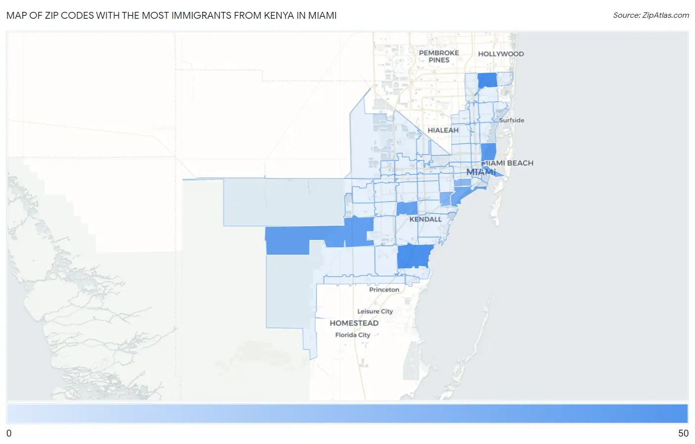 Zip Codes with the Most Immigrants from Kenya in Miami Map