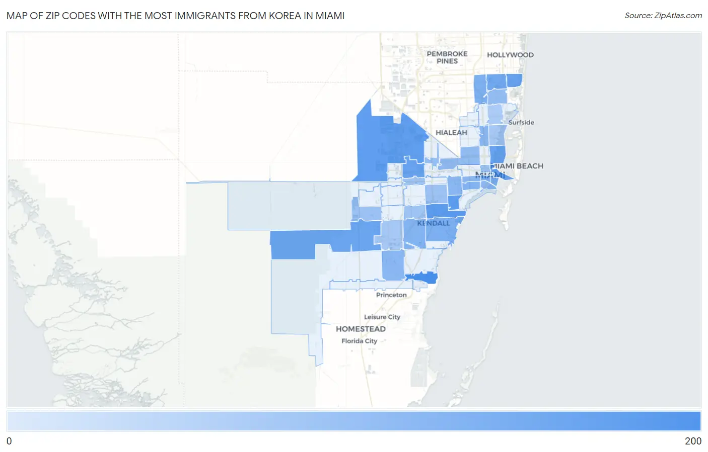 Zip Codes with the Most Immigrants from Korea in Miami Map