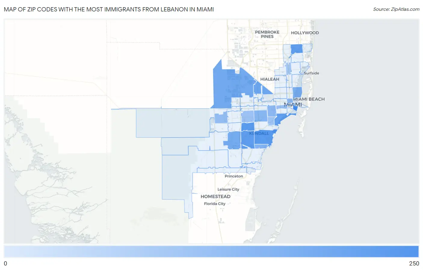 Zip Codes with the Most Immigrants from Lebanon in Miami Map