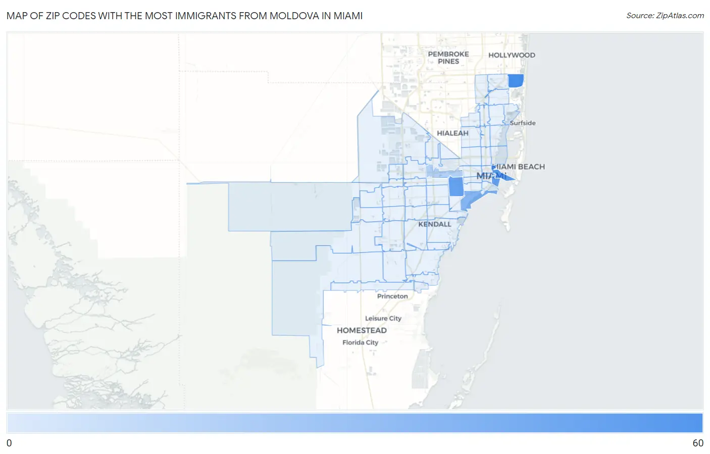 Zip Codes with the Most Immigrants from Moldova in Miami Map