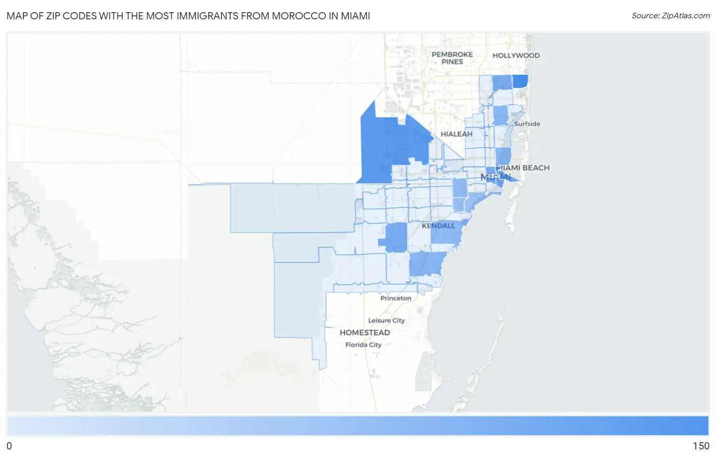 Zip Codes with the Most Immigrants from Morocco in Miami Map