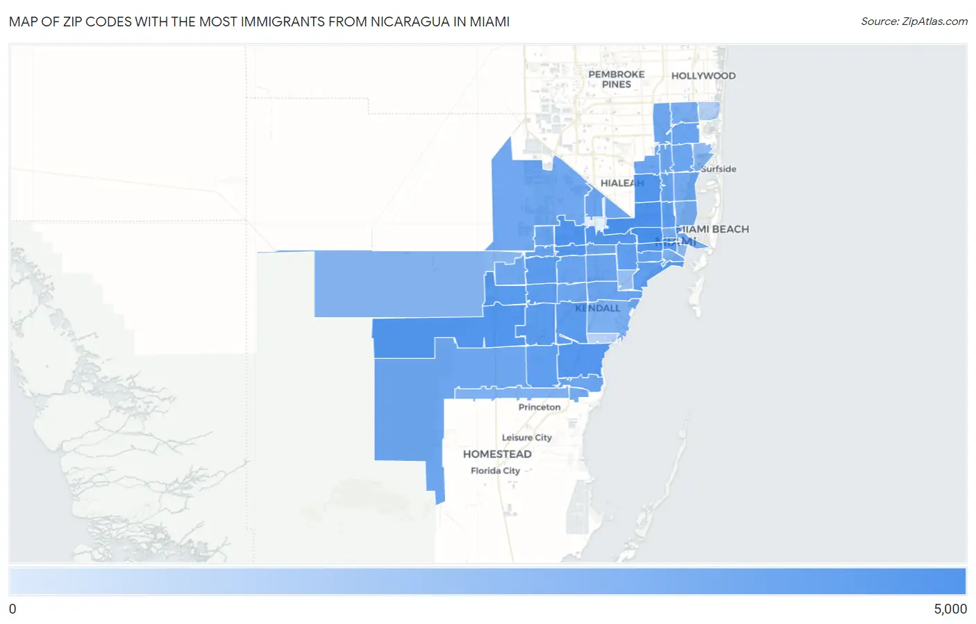 Zip Codes with the Most Immigrants from Nicaragua in Miami Map