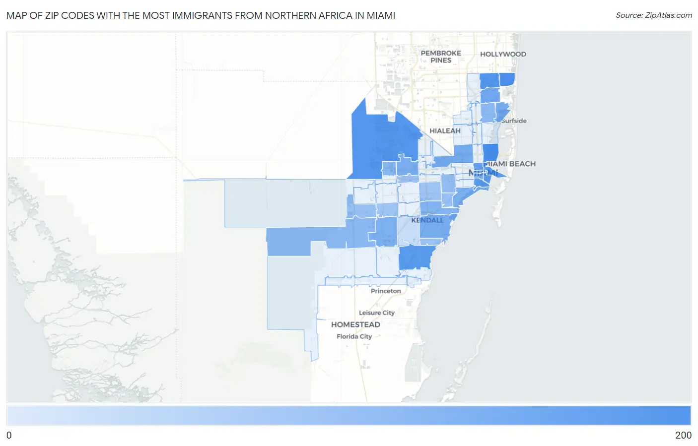 Zip Codes with the Most Immigrants from Northern Africa in Miami Map