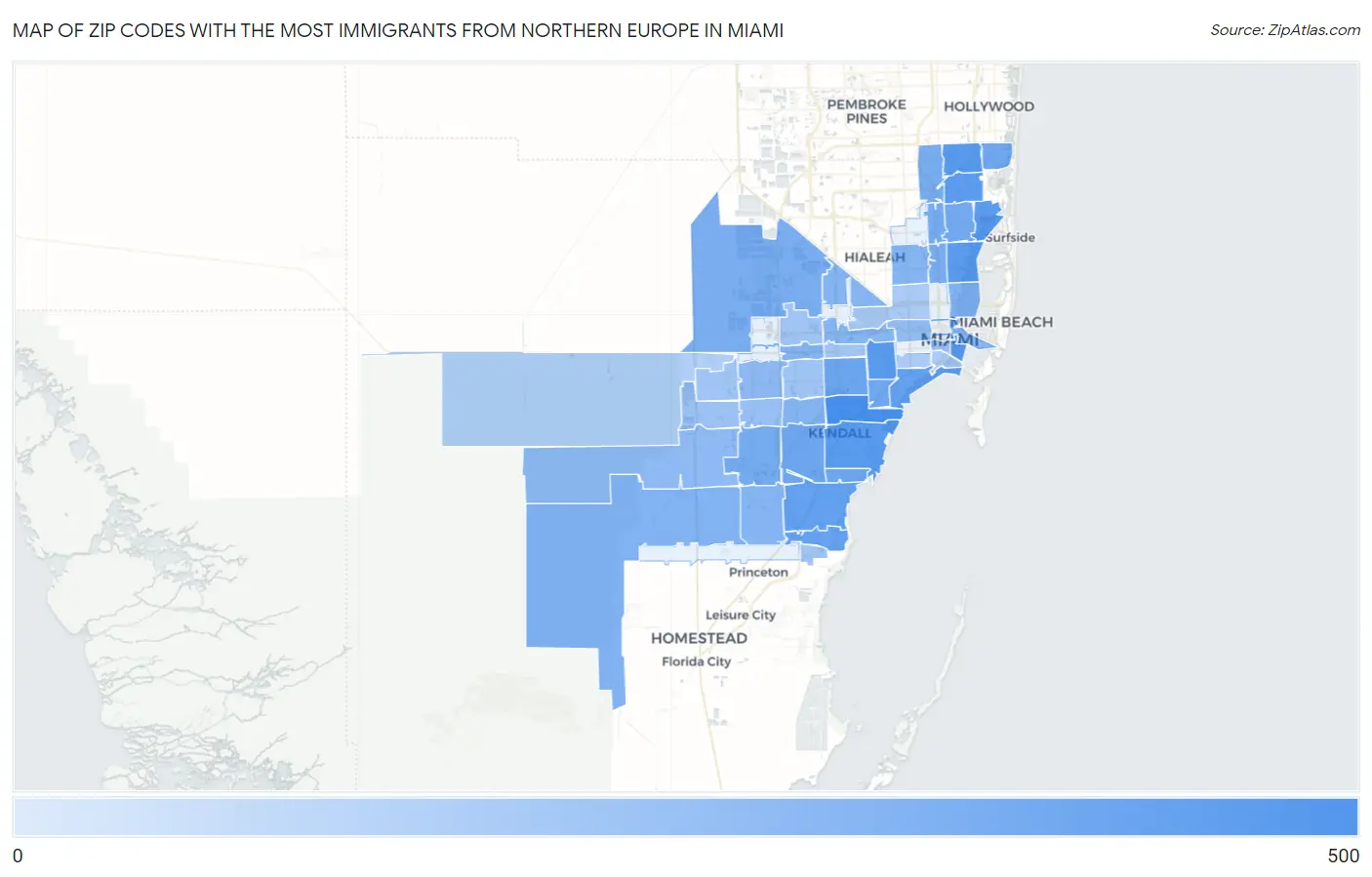 Zip Codes with the Most Immigrants from Northern Europe in Miami Map
