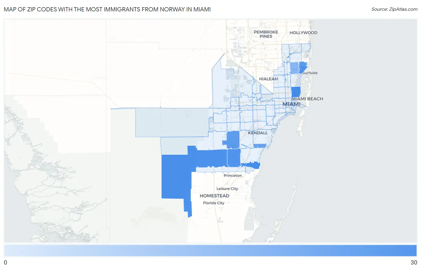 Zip Codes with the Most Immigrants from Norway in Miami Map