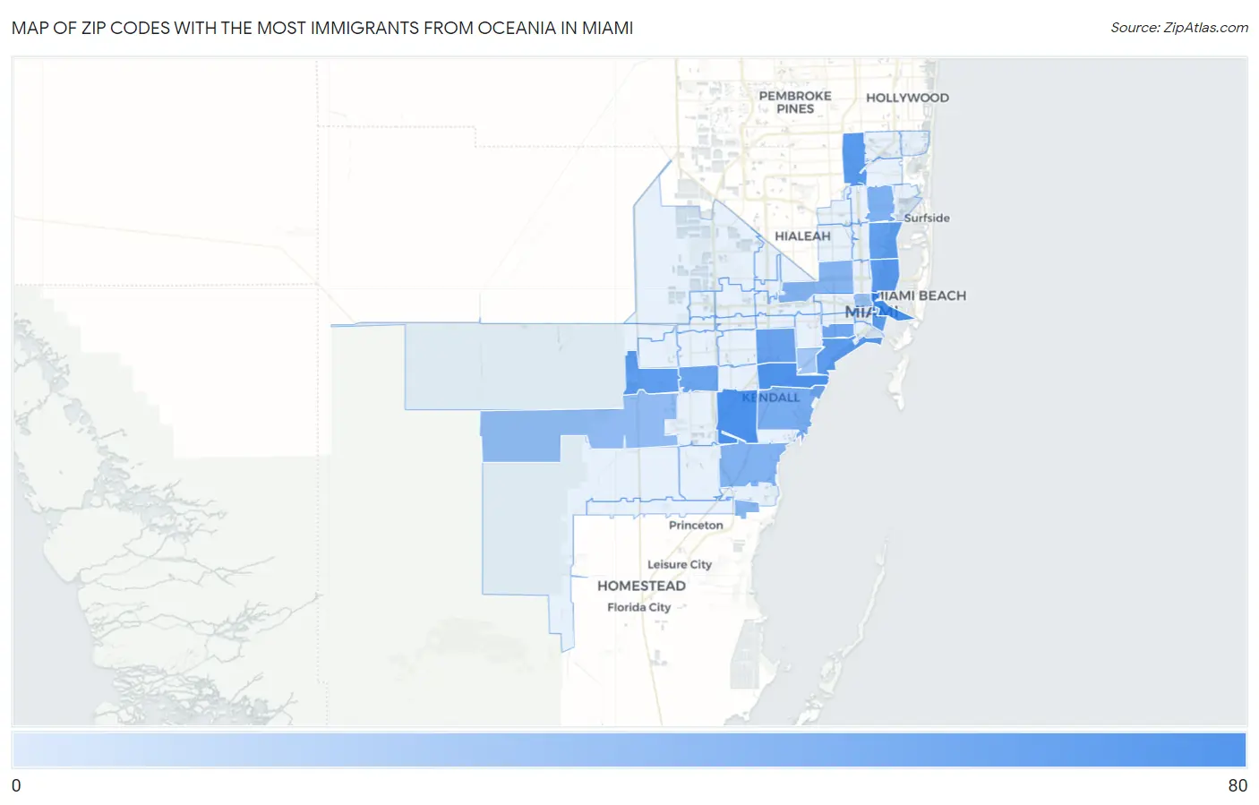 Zip Codes with the Most Immigrants from Oceania in Miami Map