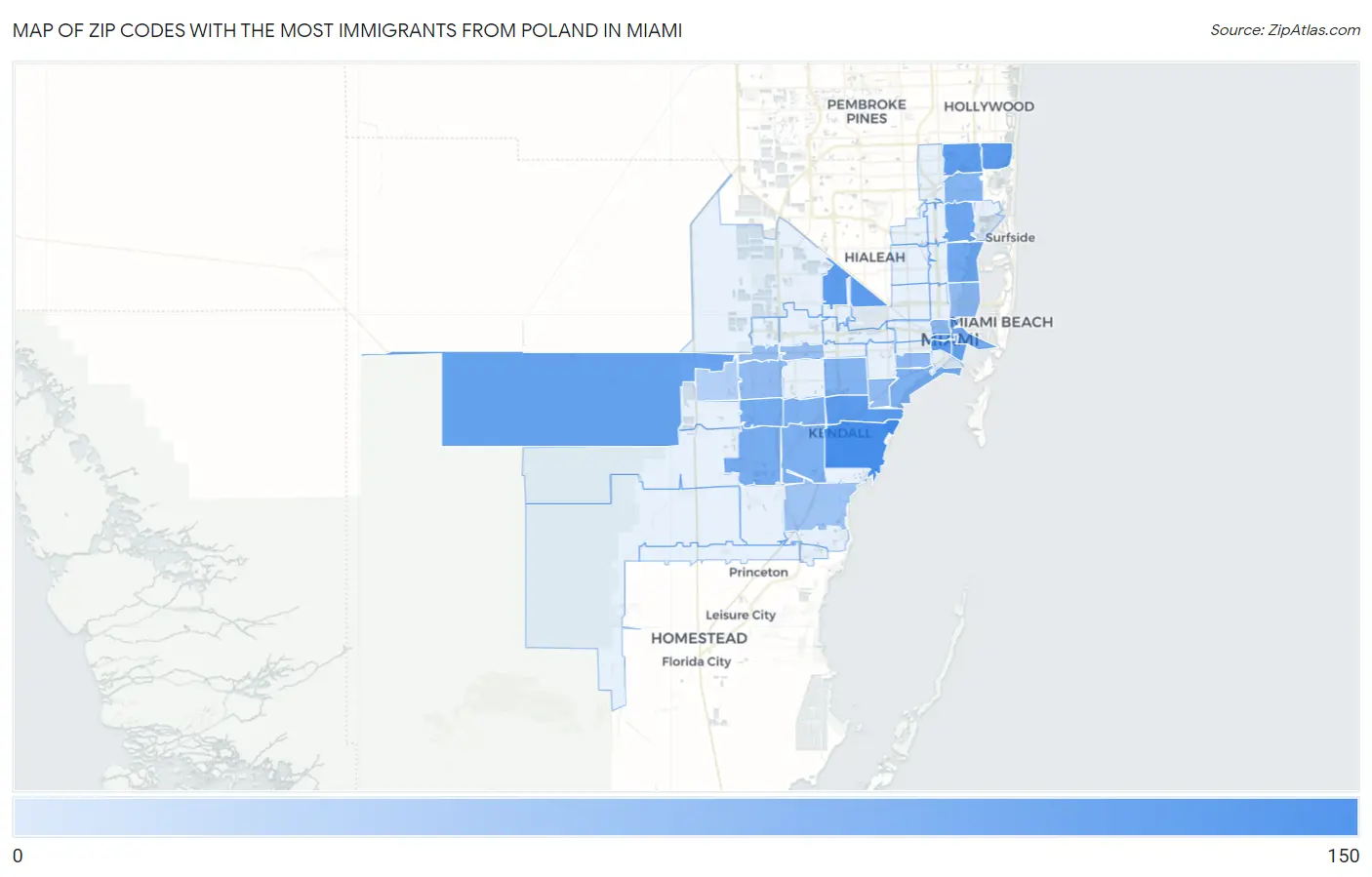 Zip Codes with the Most Immigrants from Poland in Miami Map