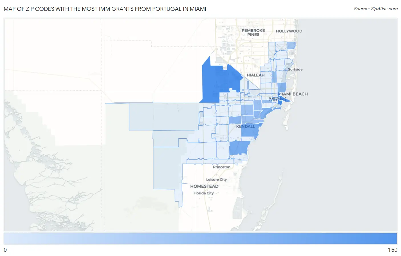 Zip Codes with the Most Immigrants from Portugal in Miami Map