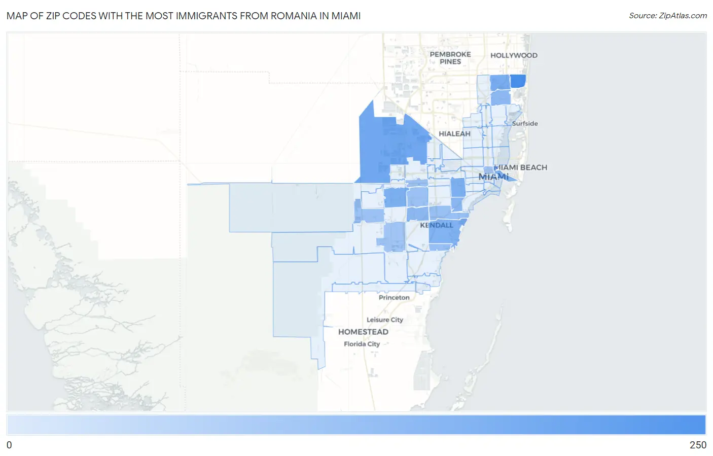 Zip Codes with the Most Immigrants from Romania in Miami Map
